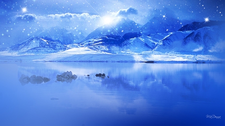 Blue Winter - clouds, winter, water, blue, reflection, stars, firefox persona, ice, sun shine, moujntains, sky, rocks