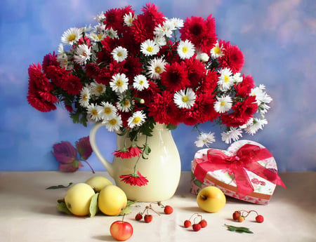 still life - nice, beauty, autumn, strawberry, gift, chrysanthemum, heart, photography, delicate, great, bouquet, still life, amazing, box, pretty, cool, kettle, ribbon, apple, love, lovely, fruit, romantic, red, blue, beautiful, leaves, colors, flowers, photo, flower, elegantly