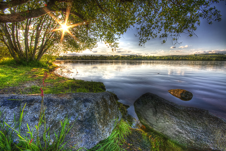 River-HDR - nice, beauty, horizon, sky, trees, photography, sun, water, great, calm, amazing, view, pretty, cool, clouds, river, green, hdr, tree, grass, rays, branches, lake, landscape, river bank, lovely, nature, blue, beautiful, scenery, stones, colors