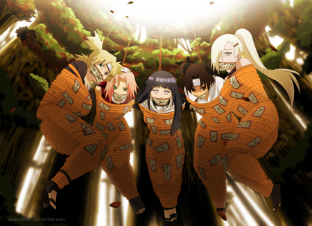 ...now stay there & don't move !!! - brown eyes, hinata hyuuga, ino, tenten, hinata, black hair, yamanaka ino, blonde hair, naruto, anime, ino yamanaka, hostages, anime girls, white eyes, sakura haruno, blue eyes, long hair, pink hair, temari, hyuuga hinata, kunoichi, females, green eyes, sakura, haruno sakura, headbands