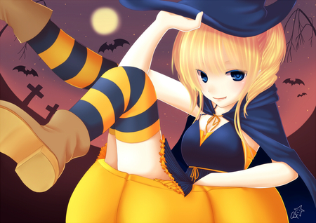 Anime - witch, moon, bats, anime, halloween, pumpkin