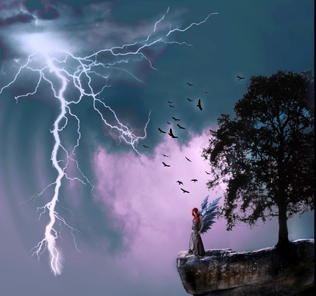 Guardian Angel - sky, angel, cliff, wings, lightning, tree, storm, birds