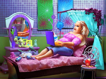 Middle aged Barbie - resting, over weight, reading, fries, doll, middle aged, soft drinks, barbie, snacks