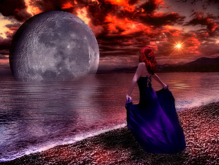 Looking at the earth - fantasy, lady, beach, woman, look, girl, sea, earth