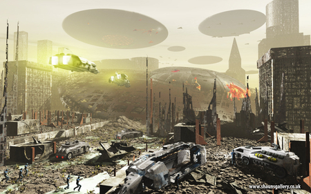 last stand - fighters, spaceships, rubble, tanks, soldiers, explosions