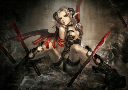 Precarious Situation - painting, art, sexy, pretty, girl, anime, drawing, horns