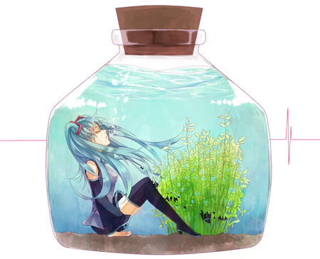 Hatsune Miku - aqua, thigh highs, cork, music, thighhighs, anime girl, stockings, underwater, white, art, cool, aqua eyes, artistic, hatsune miku, skirt, leggings, song, vocaloids, program, vocaloid, beautiful, uniform, diva, beauty, nice, water, twintail, dirt, singer, aqua hair, black, virtual, pretty, idol, plant, anime, green, miku, bottle, cute, sand, girl, cg, hatsune, blue, tie, awesome, digital, outfit