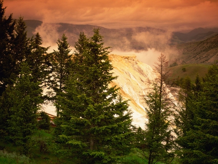 Waterfall in Cold Mountains - nice, trees, colorful, sunset, mountains, waterfall, nature, amazing, cold, beautiful, pin tree