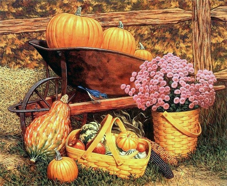 Richard Cowdrey. Autumn Gift - flower, fruit, richard cowdrey, basket, pumpkin, autumn