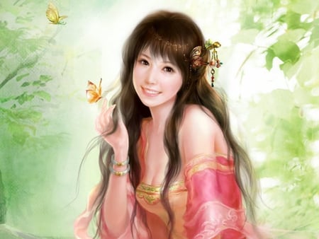 Butterfly Girl - art, pretty, girl, brunette, butterflies