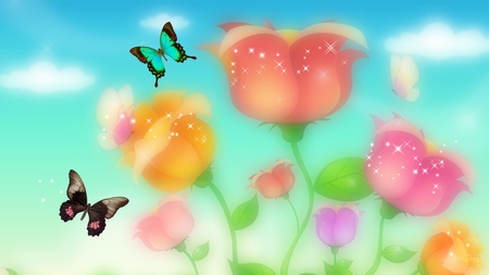 Summer Pastels - sky, stars, tulips, summer, spring, blurred, clouds, flowers, butterflies