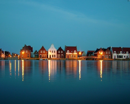 Evening Lights - sky, lights, water, houses, evening, bridge