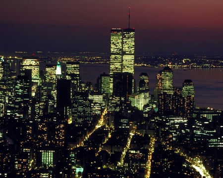 Night in the City - river, city, sunset, lights, skyscrapers