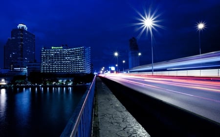 Follow The Lights - skyline, lights, pretty, roads, beautiful, follow, buildings, night, sky, architecture, reflection, river, city, photography, stunning