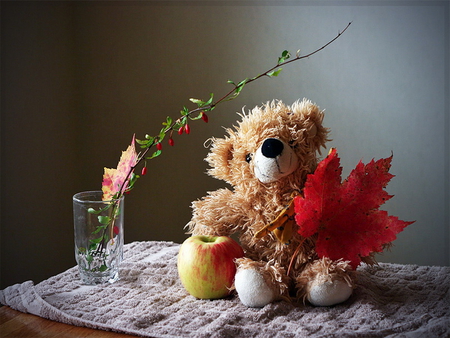 Autumn teddy bear - apple, toy, teddy bear, leaves, autumn