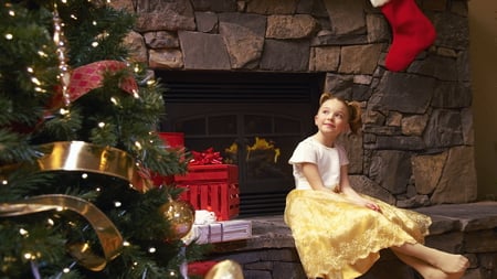 Waiting for Santa...... - christmas tree, stockings, fireplace, gifts, girl, cute, yellow frock, ribbons