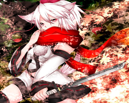 Inubashiri Momiji - neko, sexy, hot, thighhighs, leaf, scarf, anime girl, nekomimi, touhou, cool, katana, ninja, sword, inubashiri momiji, white hair, cat ears