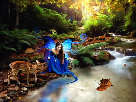 Drawn to the Water - forest, collage, animals, fairy, fantasy