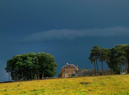 Sunny Intervals - house, trees, sunny, about to rain, intervals, field, cloudy