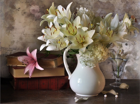 still life - pretty, elegantly, lilies, romantic, book, amazing, great, romance, books, photo, flowers, music, nice, notes, gently, delicate, pearls, beautiful, photography, beauty, kettle, colors, lovely, cool, still life, flower, bouquet, lily, harmony, soft, cup