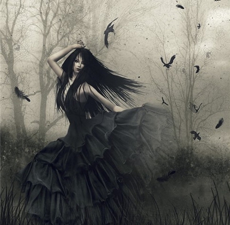 The Black Dress - beauty, girl, female, black, fantasy, cg, crow, alone, pretty, lonely, beautiful, dress