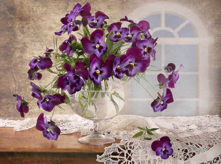 still life - nice, beauty, photography, delicate, water, great, bouquet, still life, amazing, purple, pretty, cool, window, lace, old, harmony, lovely, violet, cup, romantic, beautiful, violets, flowers, photo, flower, elegantly