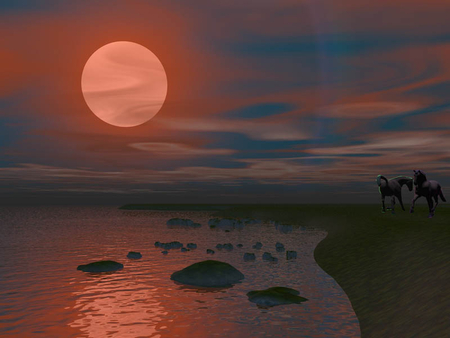 Meeting at sunset - horses, sunset, stons, river