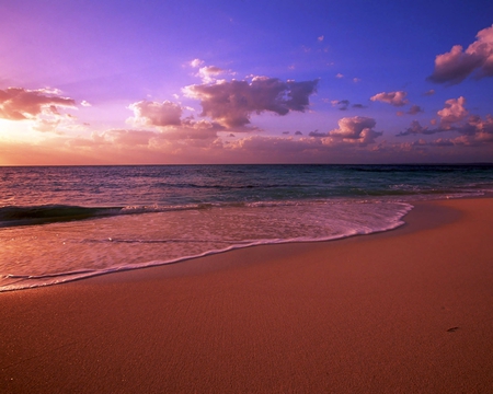 Sunset at the beach - clouds, sunset, beach, ocean, sand