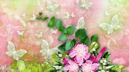 Perfection - fall, abstract, pink, leaves, summer, chrysanthemums, grass, butterflies