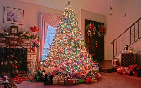 Christmas Glow - christmas, fireplace, lights, presents, room, tree, home