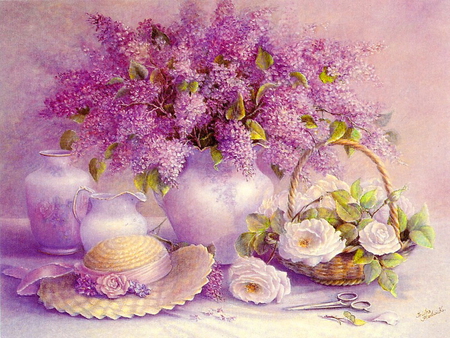 Still life - hat, flowers, basket, nature, lilac, still life