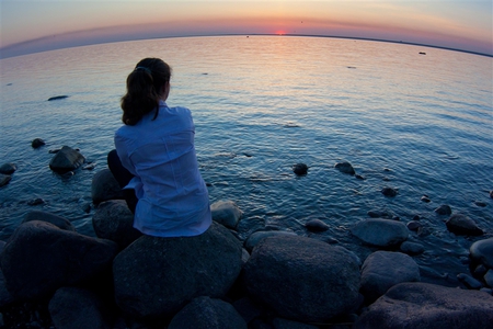 Sunset and me - dreamer, lonely, water, magic, thoughts, girl, alone, sea, stones, feeling, sunset, nature, miss you, dreaming, beautiful place, sun