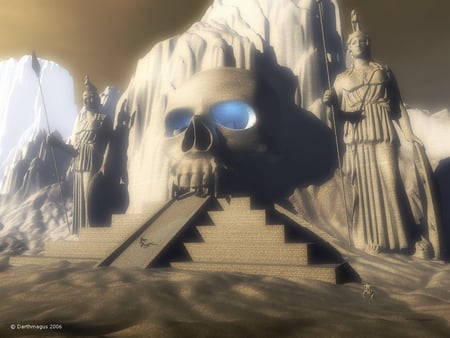 alien temple - mountains, people, statues, steps, skull