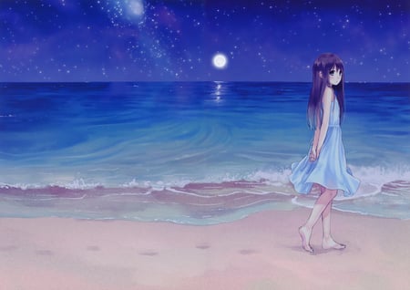 Original - moon, kazuharu kina, beach, night, long hair, barefoot, original, dress