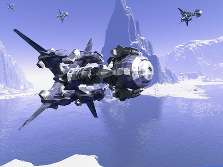 artic flight - mountains, ships, water, blue sky, snow