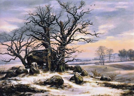 Winter's Hill - hill, winter, fields, painting, snow, frost, tree