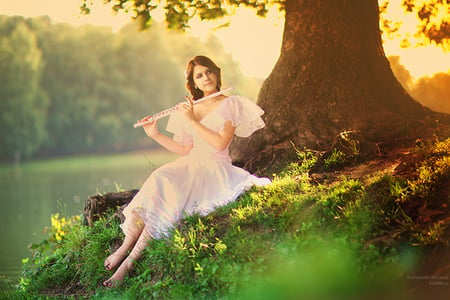 in the morning - instrument, wind, flute, girl, dress, grass, lake, fantasy, female, tree, green