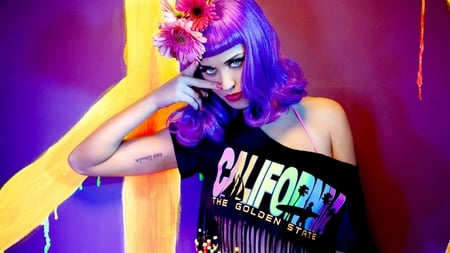 katy perry - pretty, female, photography, singer, wig, purple, funny, bright, sexy