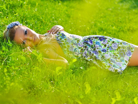 Among green grass - woman, lady, fresh, girl, light, summer, nature, reen, grass, flower