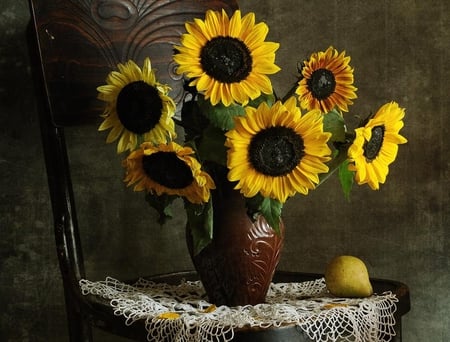 still life - pretty, sunflowers, amazing, great, photo, sunflower, old, fruit, nice, vase, beautiful, photography, beauty, lace, lovely, cool, still life, petals, bouquet, chair, harmony, pear