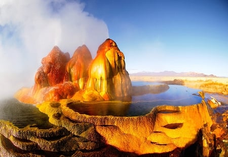 Volcano - beauty, lake, geysir, mountain, landscape, water, rocks, nature, volcano, splendor, colors