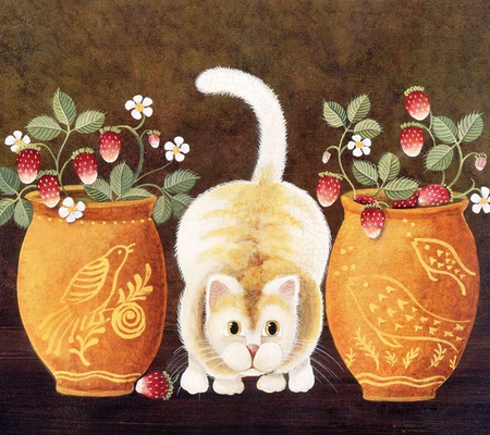 Strawberry and... a cat - gato, flower, strawberry, animal, cat, pot a fleurs, chat, flowerpot, art, fruit, fleur, fresa, nature, painting