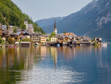 Reflection - reflect, homes, water, mountain