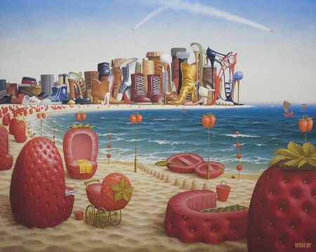 Strawberry beach by Jacek Yerka - fruct, blue, beach, plaja, incaltaminte, fresa, red, fruit, art, capsune, strawberry, jacek yerka, water, colors, haios, shoes, funny, painting, apa