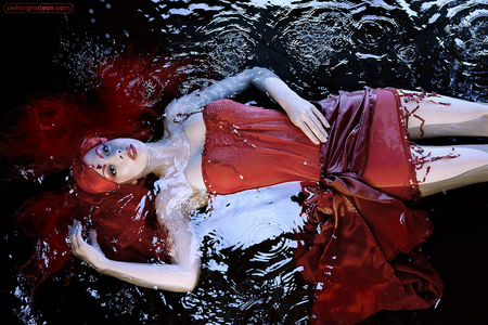 shakespearean tragedy - girl, lying, female, water, lovely, model, white, dark, red