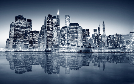 Blue City Reflection - blue city, lake, sky, buildings, skyscrapers, reflection, blue, beautiful, city, architecture, lights