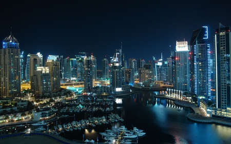 Dubai - sky, boats, night, dubai, buildings, skyscrapers, nature, beautiful, architecture, rivers, lights