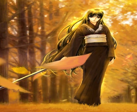 Isayama Yomi - autumn, hot, female, leaf, anime girl, jian huang, fall, yellow, cool, katana, sword, sexy, ga-rei zero, nature, forest, sun-ray, japanese clothes