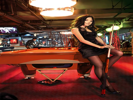 Pool Table Girl - pool table girl, jian huang, cue stick, female, original, dress, pool table, pantyhose, sitting, anime girl, hot, earring, cool, sweet, high heels, black hair, cute, sexy