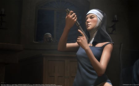 naughty sister - widescreen, peep, gun, funny, sister, dark, religious